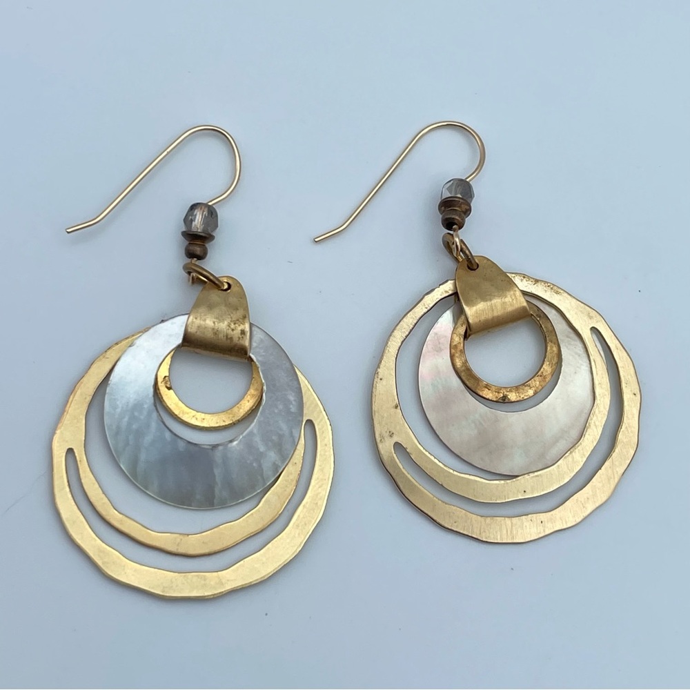 14K Gold Filled Post Mother of Pearl & Brass Dangle Earrings Boho Chic